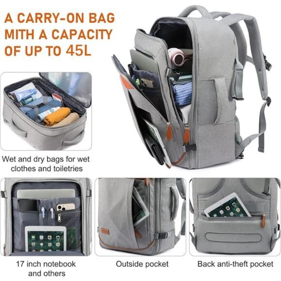 Carry on Backpack, 45L Extra Large Travel Backpack for Men & Women Suitcase Bag - Picture 5 of 7